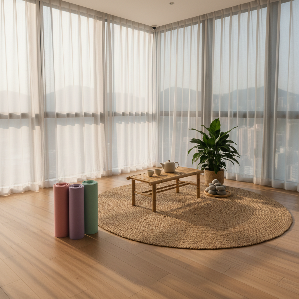 A serene wellness and mindfulness corner inside a community center, completely unoccupied, with three rolled pastel-colored yoga mats resting beside a circular woven rug, a low bamboo bench holding a ceramic teapot and two empty cups, and a small arrangement of smooth river stones and a leafy potted plant. Large windows frame distant Hong Kong high-rises and a glimpse of mountain silhouettes, while sheer white curtains soften the view. Late-afternoon natural light filters in, casting gentle, elongated shadows and a warm, golden glow across the wooden floor. Photographic realism from a slightly elevated, three-quarter angle, with a shallow depth of field that keeps the foreground props crisp and the city backdrop softly blurred, creating a calm, restorative atmosphere of body-mind-spirit growth.