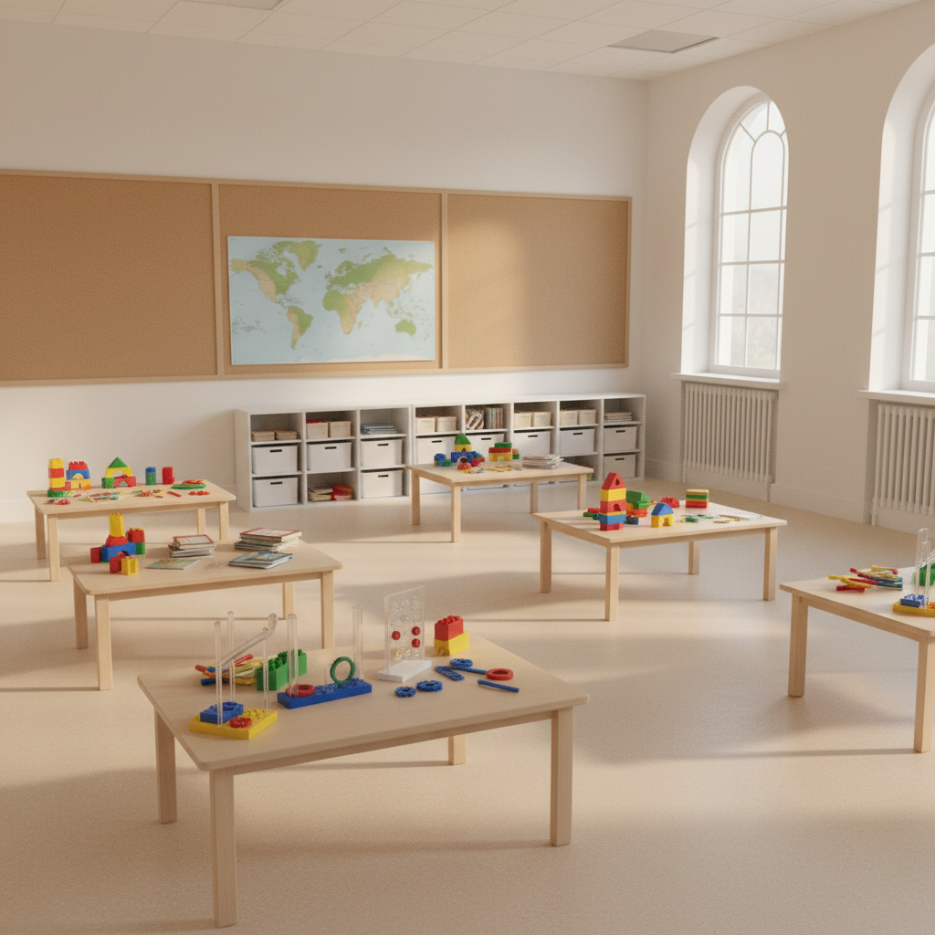 An organized multi-purpose classroom set up for a children’s interest class, with low wooden tables holding colorful building blocks, storybooks, and simple science experiment kits, all neatly arranged and untouched. One wall displays large, blank corkboards and a world map without any text, while storage units hold clear bins of craft materials. The room is lit by soft, diffused morning light from tall windows, creating a calm glow and gentle shadows across the smooth vinyl floor. Captured from a slightly elevated angle in photographic realism, the composition uses the rule of thirds to highlight both the learning materials and open floor space, conveying a professional yet warm, community-focused environment ready for educational enlightenment.