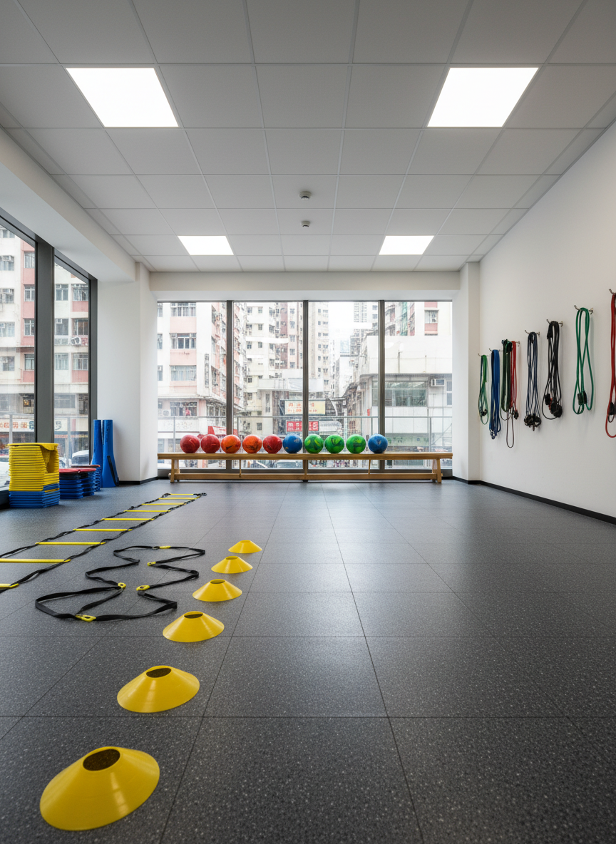 A compact indoor sports training area in a Hong Kong community center, empty of people but fully prepared, with bright futsal balls aligned along a low bench, neatly stacked agility ladders, cones arranged in a precise zigzag, and resistance bands coiled on wall hooks. The textured rubber flooring contrasts with clean white walls and one glass wall that reveals a glimpse of a densely built urban street outside. Overhead LED panels cast clear, even lighting, producing crisp shadows that emphasize the orderliness of the equipment. Shot from a low-angle perspective to make the training tools feel dynamic and powerful, the photographic image feels energetic, professional, and ready for structured physical development and coaching.