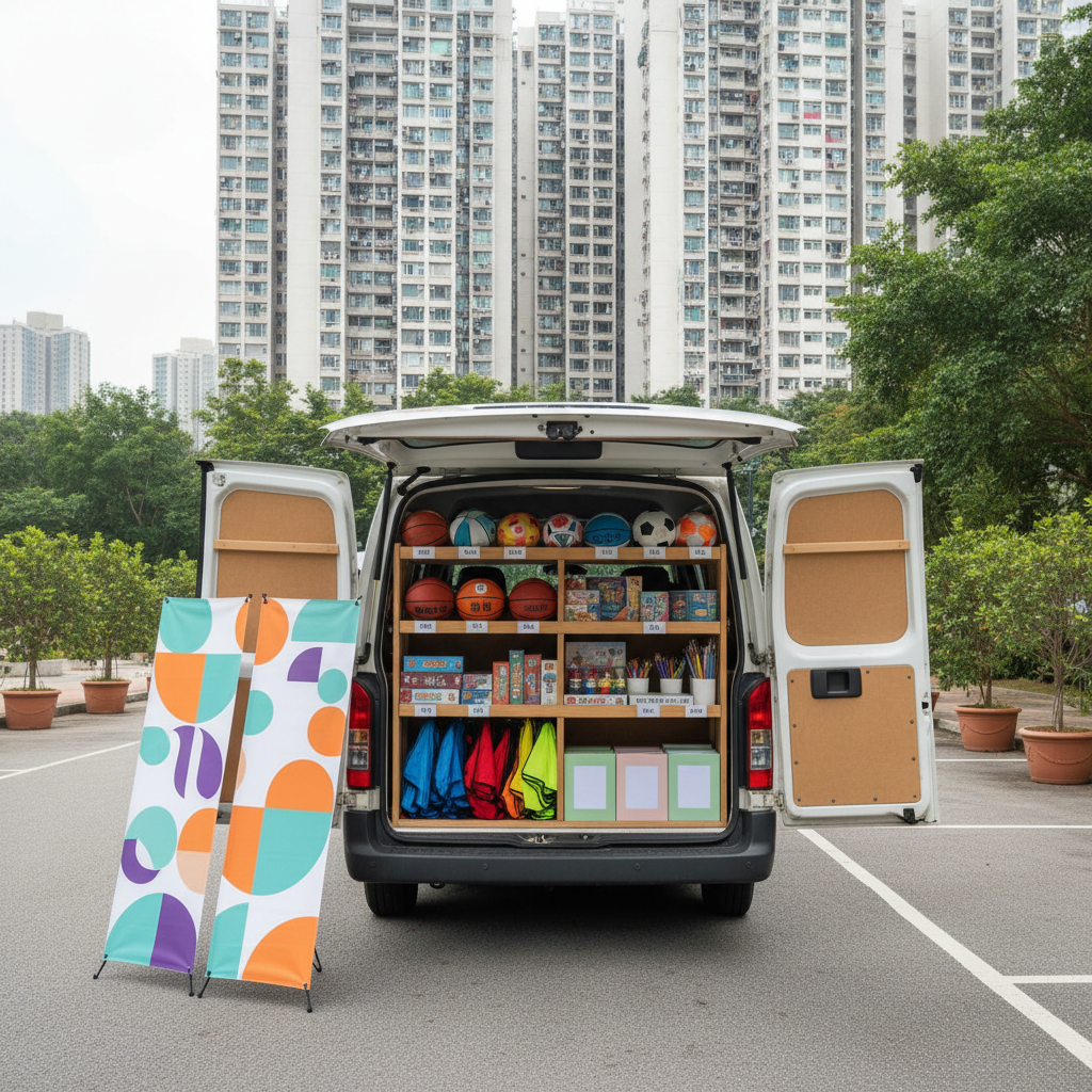 The back of a neatly organized mobile community service van parked beside a Hong Kong housing estate, with its rear doors wide open to reveal shelves of labeled sports balls, folded training bibs, boxed board games, art supplies, and stacks of educational booklets without visible text. Portable pop-up banners with abstract, colorful patterns lean against the side of the van. The scene is lit by soft overcast daylight, minimizing harsh shadows and giving everything a gentle, even tone. Shot at eye level in photographic realism with a slightly wide frame, the image captures surrounding estate towers and nearby greenery, conveying a sense of outreach, accessibility, and professional, on-the-move support for holistic community development.