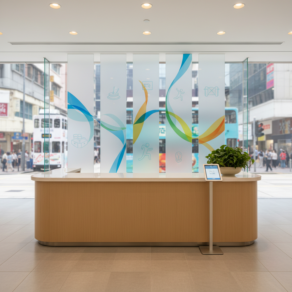 A bright reception and information area for a community service company, designed without any staff or visitors, featuring a sleek light-wood counter with rounded edges, a discreet digital tablet stand, and a low bowl of fresh green plants. Behind the counter, wall-mounted panels show abstract, colorful shapes suggesting education, sports, and wellness, without any readable text or logos. A glass wall reveals a busy Hong Kong street and tram lines in soft focus. The space is illuminated by a mix of natural window light and warm ceiling downlights, generating a welcoming glow and subtle reflections on the tiled floor. Photographic realism, centered composition with clean lines and lots of negative space, conveying trustworthiness, professionalism, and community focus.