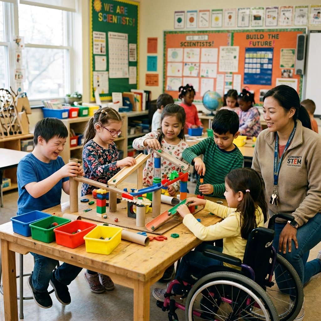 Diverse children building a marble run with a smiling teacher in a classroom