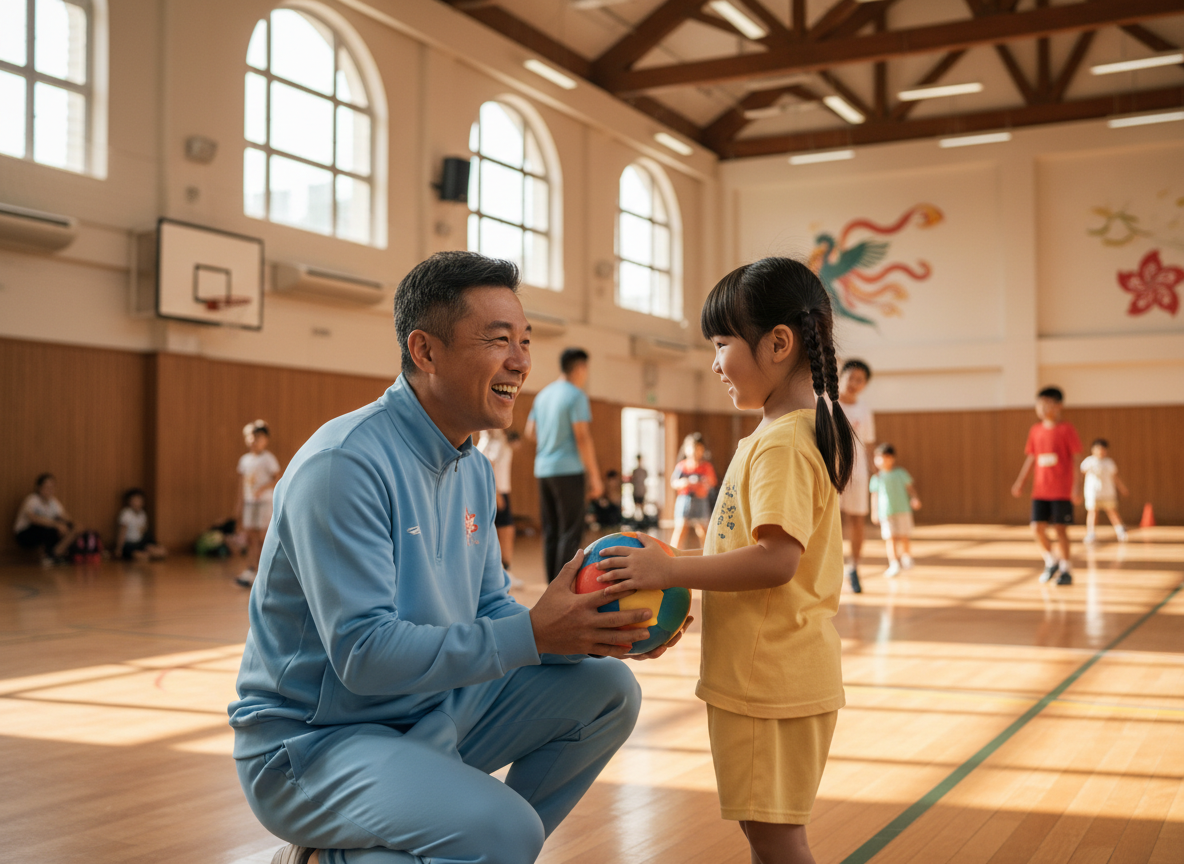 專業教練在香港社區運動場館中與孩子互動的溫暖時刻